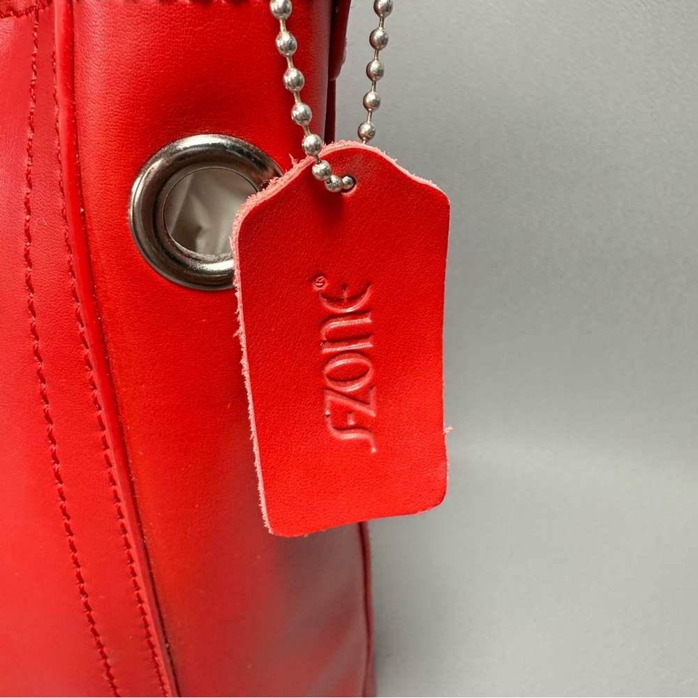 S-ZONE Red All Leather Bucket Tote Bag with Tan Handle and Metal Grommets - Picture 4 of 14